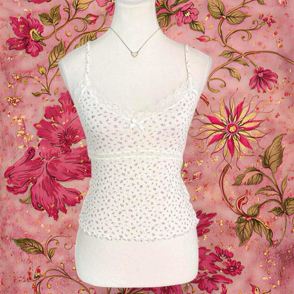Two Piece Floral Lace Cotton Tank Top With Cotton Thin Cardigan button up size S